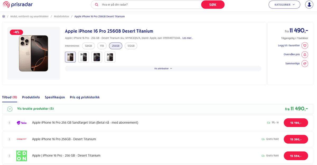Sammenligning av priser og fraktkostnader