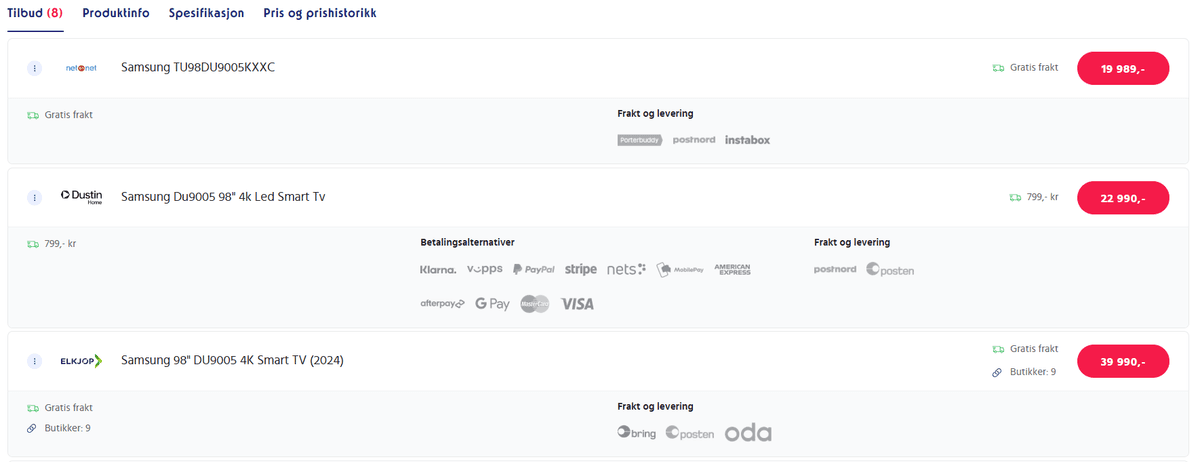 Sammenligning av priser og fraktkostnader