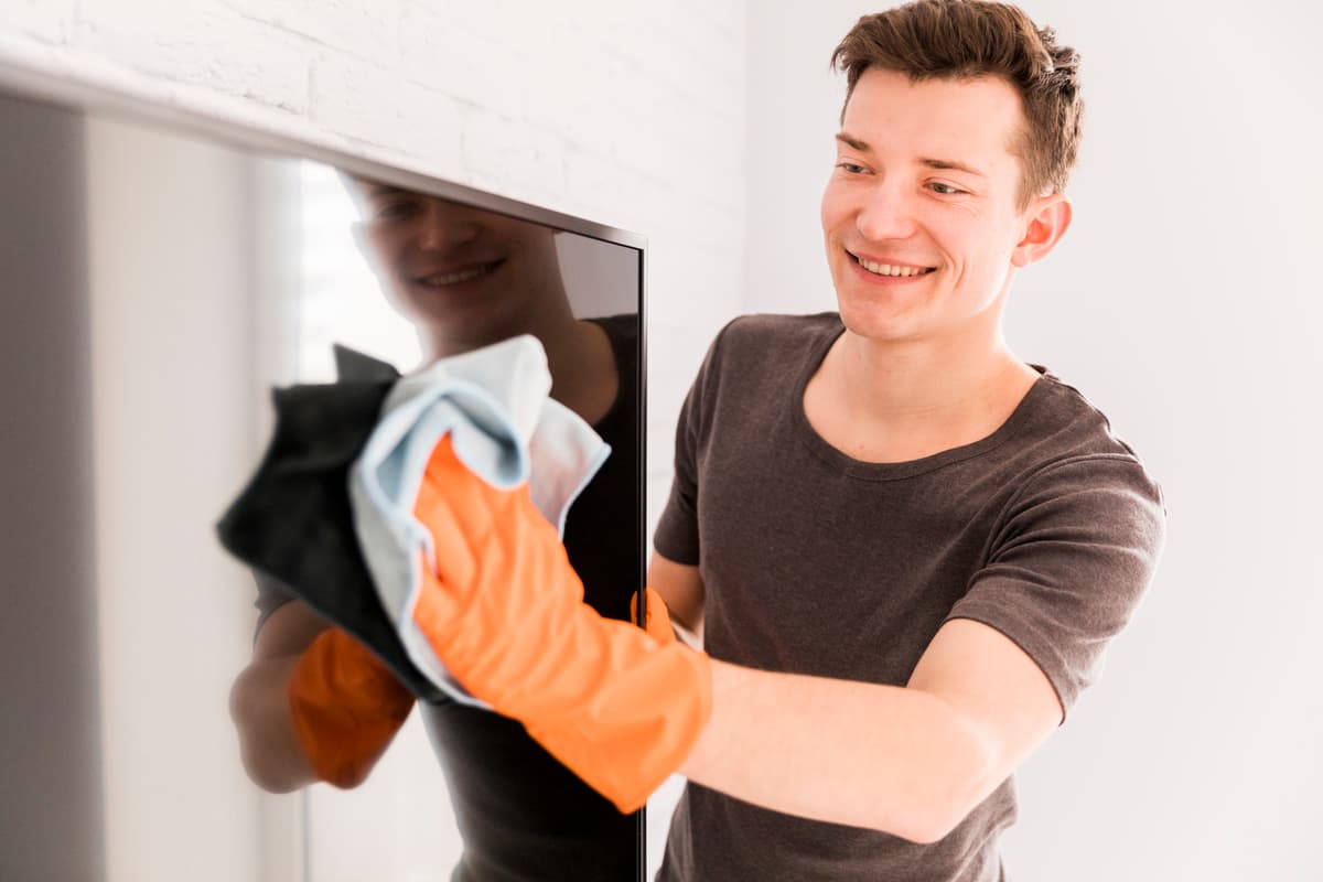 vaske tv: skjerm mann tørker av TVen